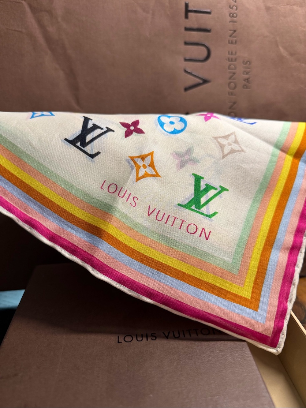 Louis Vuitton White Silk Scarf with Multicolor Monogram W/Box - Picture 3 of 7